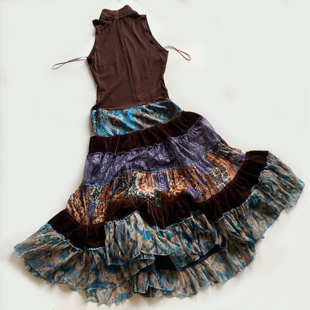 Vintage Y2K Cache Boho Tiered Patchwork Maxi Dress Brown Silk Blend Size 6 - Picture 8 of 11